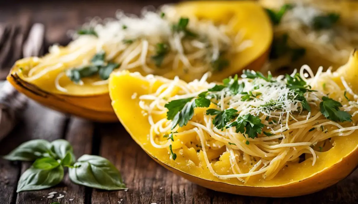 A close-up image of cooked spaghetti squash strands topped with herbs and parmesan cheese. It showcases the texture and visual appeal of spaghetti squash.